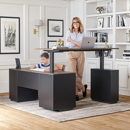 FEZIBO 63" L Shaped Standing Desk with Storage, Executive Height Adjustable Table, Deep Wood Grainy