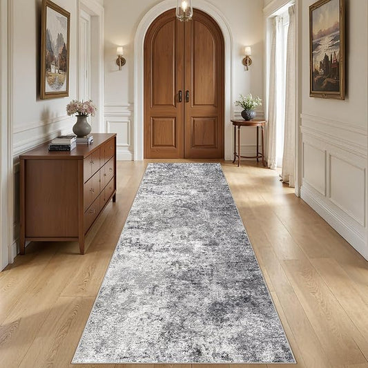 UERMEI 3x10 Washable Runner Rug for Hallway, Non Slip Low Pile Kitchen Carpet, Neutral Modern Abstract Indoor Floor Mat for Entryway Laundry, Kid & Pet Safe High Traffic Area, Grey