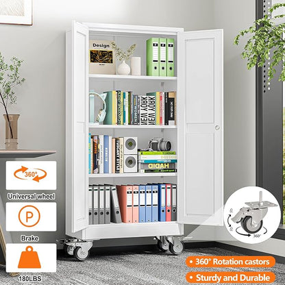 pozdeg 61" Metal Garage Storage Cabinets with Wheels, Lockable Rolling File Cabinets with 2 Doors and 3 Adjustable Shelves, Steel Tool Organizer Locker for Office Home Garage Gym School, White