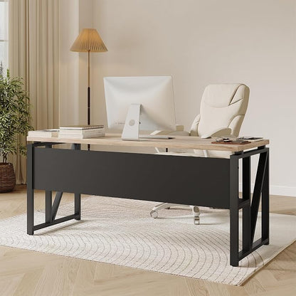 LITTLE TREE 55-Inch Executive Office Desk, Large Computer Desk with Storage Shelf, Executive Desk with Metal Frame, Thickened Desktop, Study Writing Desk Work Station for Home Office, Grey Black