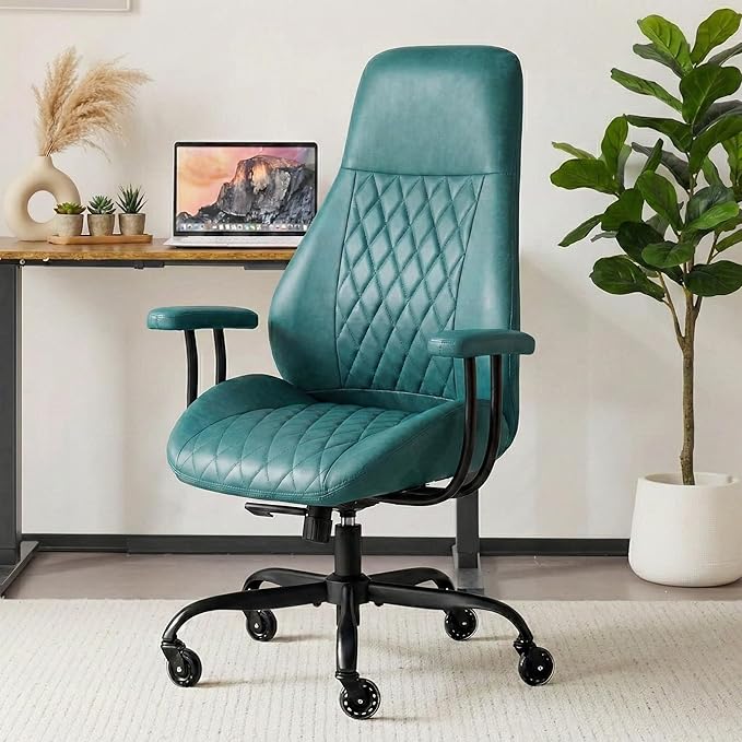 Office Chair with Rubber Wheels, Ergonomic Computer Chair 500 lbs, Leather Desk Chair with Lumbar Support, Executive Chair Adjustable Height & Recline, Green | Ergonomic, Lumbar Support, 360° Swivel & Rolling Wheels, Adjustable Height, for Adults & Women