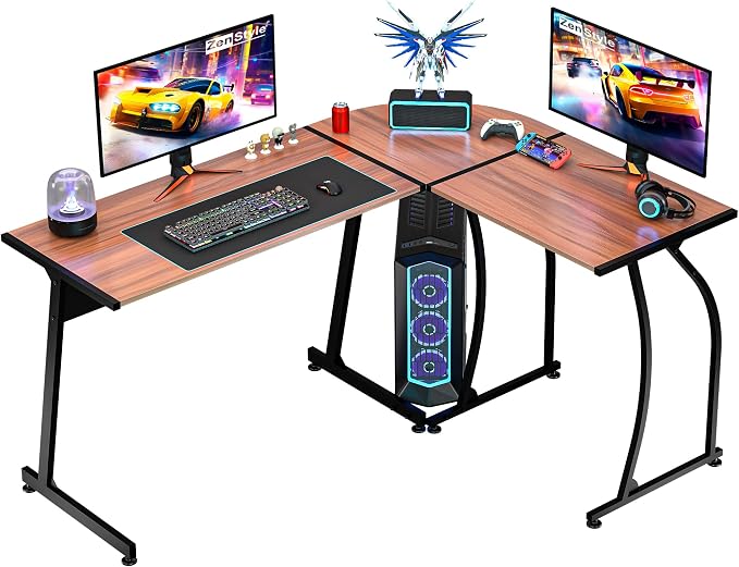 ZenStyle 55" L-Shaped Corner Computer Desk - Sturdy Steel Frame & Waterproof Surface, Walnut Wood Grain Design for Home Office, Gaming & Multipurpose Workstation
