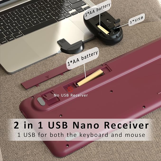 Colorful Wireless Keyboard and Mouse Combo, Retro Typewriter Style Round Keys, 2.4GHz Ergonomic Aesthetic Computer Keyboard with Wrist Rest for Mac, Windows, Laptop, PC(Claret-Red)