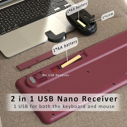 Colorful Wireless Keyboard and Mouse Combo, Retro Typewriter Style Round Keys, 2.4GHz Ergonomic Aesthetic Computer Keyboard with Wrist Rest for Mac, Windows, Laptop, PC(Claret-Red)
