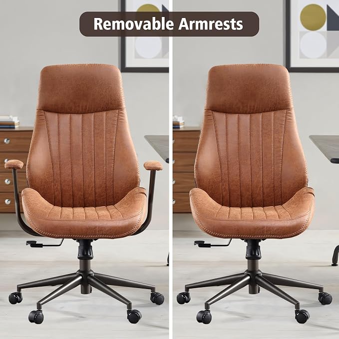 ovios Executive Ergonomic Office Chair, High Back Comfy Faux Suede Leather Computer Chairs, Mid-Century Modern Swivel Rolling Task Armchair, Brown