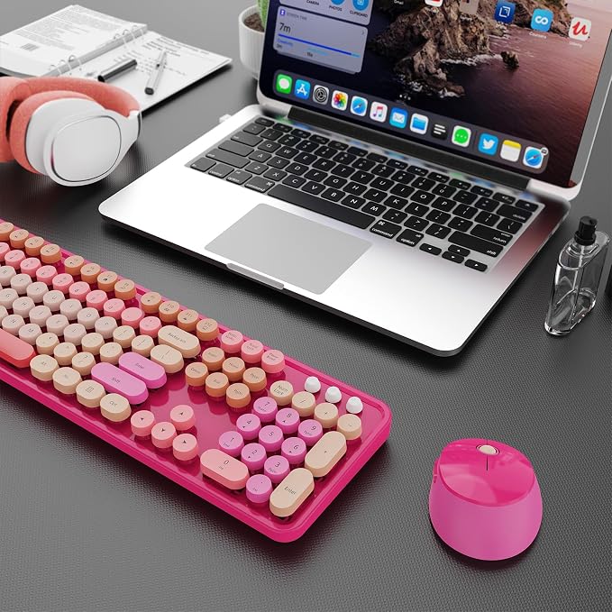 SkyGive Wireless Keyboard and Mouse Combo, Ergonomic Full Size Typewriter Retro Round Keycaps Keyboard, Compatible with Windows, PC, Perfer for Home and Office Keyboards （Red）