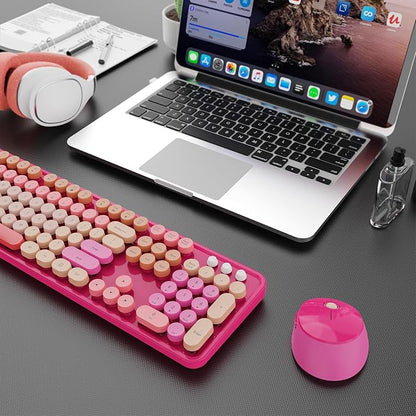 SkyGive Wireless Keyboard and Mouse Combo, Ergonomic Full Size Typewriter Retro Round Keycaps Keyboard, Compatible with Windows, PC, Perfer for Home and Office Keyboards （Red）