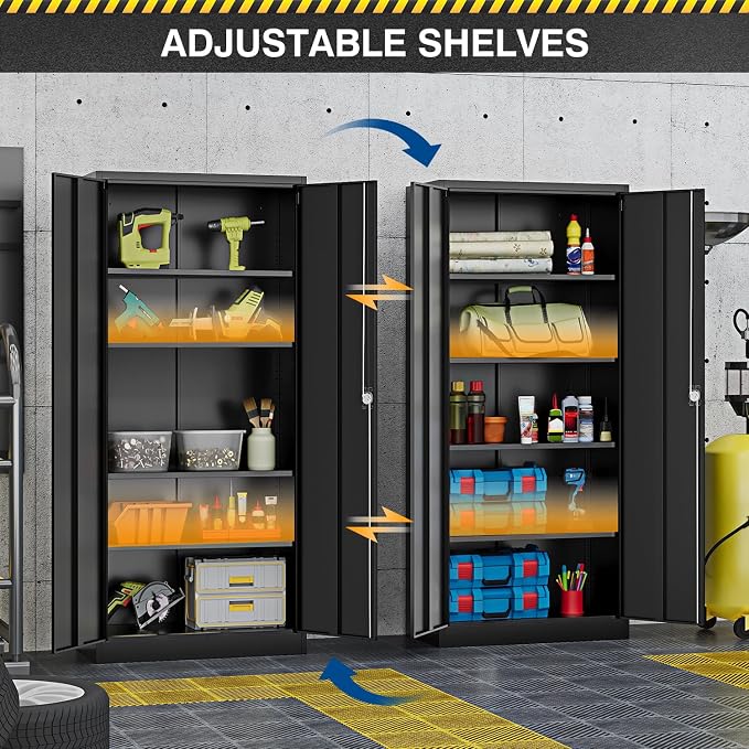 Fesbos Metal Storage Cabinet-72” Black Tall Steel File Cabinets with Lockable Doors and Adjustable Shelves-Black Steel Storage Cabinet for Kitchen, Office, Garage
