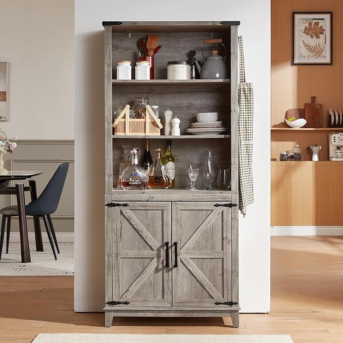 Joaxswe 5 Tier Bookshelf 70in Tall Bookcase with Barn Doors and Storage Cabinet, Grey Farmhouse Book Shelf with Adjustable Shelves, Wood Freestanding Display Bookshelves for Bedroom, Kitchen (3 PCS)