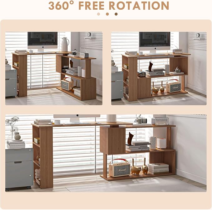 HOMCOM 47 Inch L Shaped Desk, Corner Computer Desk, 360 Degree Rotating Home Office Desk with Storage Shelves, Writing Table Workstation, Teak
