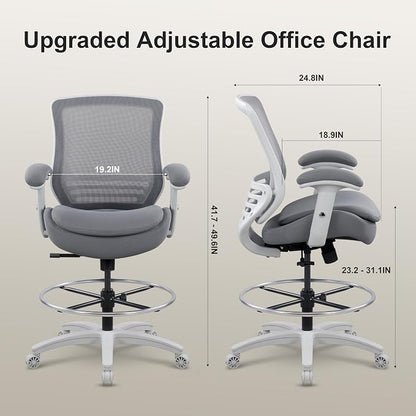 400lbs Office Drafting Chair Wide Dual Seat Cushion Height Adjustable Armrest for High Standing Desk with Lumbar Support and Enlarged Adjustable Footrest (Light Gray Frame Light Gray Fabric)