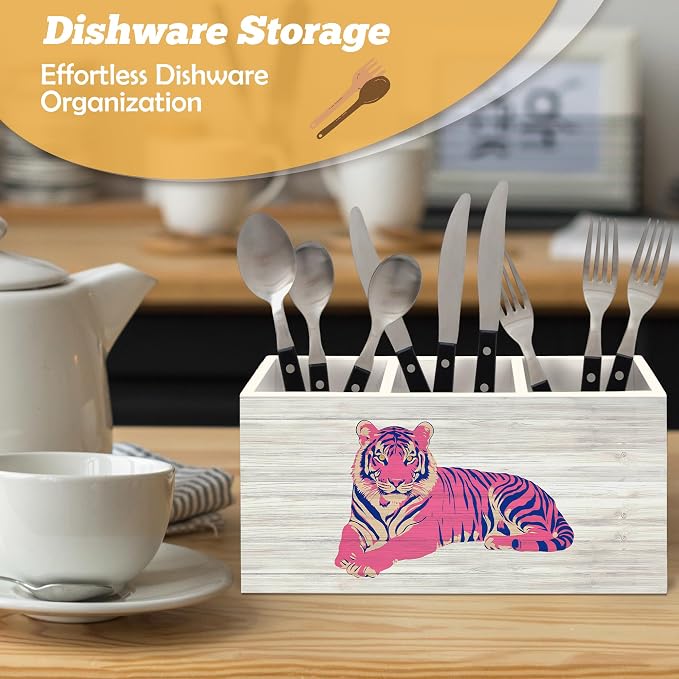 Trendy Retro Pink Tiger Pen Holder Organizer for Desk Accessories, Funky Preppy 70s Wooden Box Sign Desk Decorations for Girly Room Bedroom Dorm School Decor, Tiger Gifts for Women