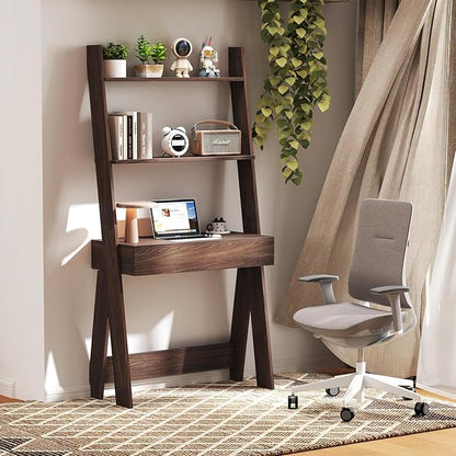 Tangkula Ladder Desk with Countertop & Drawer, Home Office Computer Laptop Table with Open Shelves & Anti-Tip Kits, Wall-Leaning Compact Working Station for Small Spaces (Walnut)