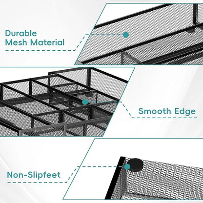 2 Pack Expandable Desk Drawer Organizer Tray with 10 Adjustable Compartments Metal Mesh Office Drawer Organizer for Home, School Supplies, Makeup Vanity & Jewelry (Black)