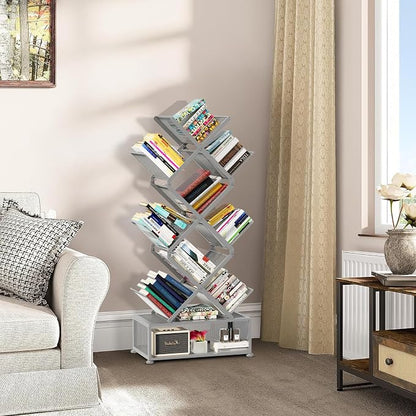 Gintan 9-Tier Modern Book Shelves with Storage, Bedroom Shelves Folding Bookshelves, No Installation Required Shelf Tree Bookcase for Living Room, Study, Home Office, Bed Room (Grey)