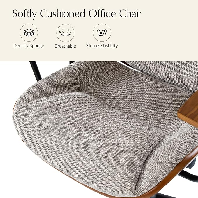 HULALA HOME Solid Wood Office Chair with Rocking Function, Comfy Fabric Desk Chair with Bent Wood and Metal Base, Height Adjustable Swivel Computer Task Chair, Tan
