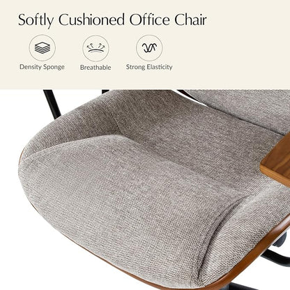 HULALA HOME Solid Wood Office Chair with Rocking Function, Comfy Fabric Desk Chair with Bent Wood and Metal Base, Height Adjustable Swivel Computer Task Chair, Tan