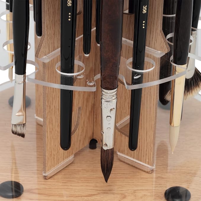 HG Art Concepts Mezzo Dual Artist Brush Holder and Drying Rack - Rotating Wood Grain Laminate Multi Layer Desk Stand - Professional Storage Display Organizer for Paintbrushes