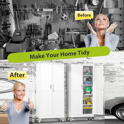 Metal Garage Storage Cabinet with Wheels, 70.9" H x 29.9" W x 15" D, Lockable Rolling Steel Tool Cabinet with Adjustable Shelves, Heavy Duty Garage Cabinet for Workshop, Basement, Home, White