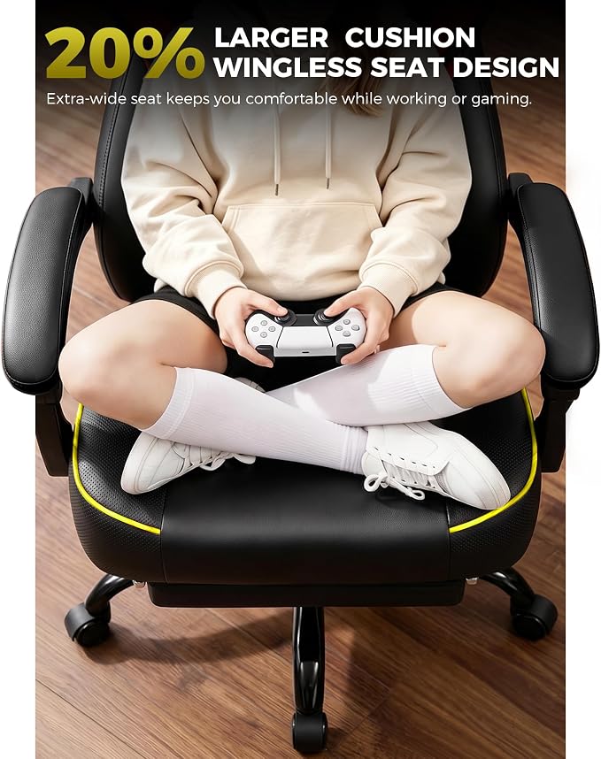 GTPLAYER Big and Tall Gaming Chair with Footrest, High Back Ergonomic Office Chair for Adults, Heavy Duty 350 lbs Capacity, Premium Leather & Iridescent Trim, ACE-Armor, Yellow