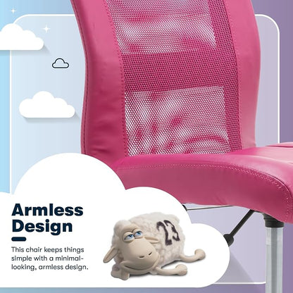 Serta Essential Armless TaskChair, Small Desk Chairs with Wheels, Breathable Mesh Back and Faux Leather, Quality Foam Cushion Seat for Comfort, Minimal Design for Vanity Table, Pink