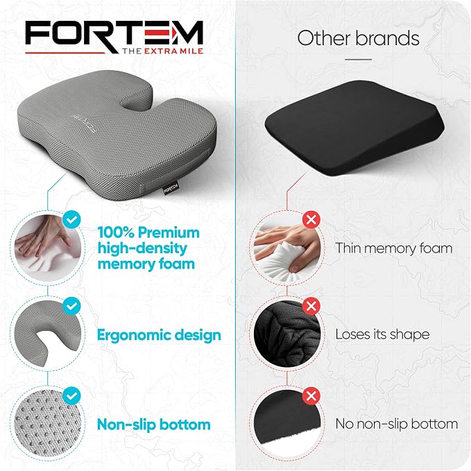 FORTEM Seat Cushion, Office Chair Cushion, Memory Foam Car Seat Cushions, Sciatica Coccyx Tailbone Pain Relief, Chair Cushions for Back Support, Sitting Pad for Gaming, Washable Cover, Non Slip, XL