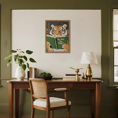 Framed Tiger Canvas Wall Art, Motivational Tigers Reading Poster Print, Humorous Bookworm Pictures Wall Decor, Vintage Go Get Em Tiger Painting for Office Library Bedroom Decor 16x24 inch