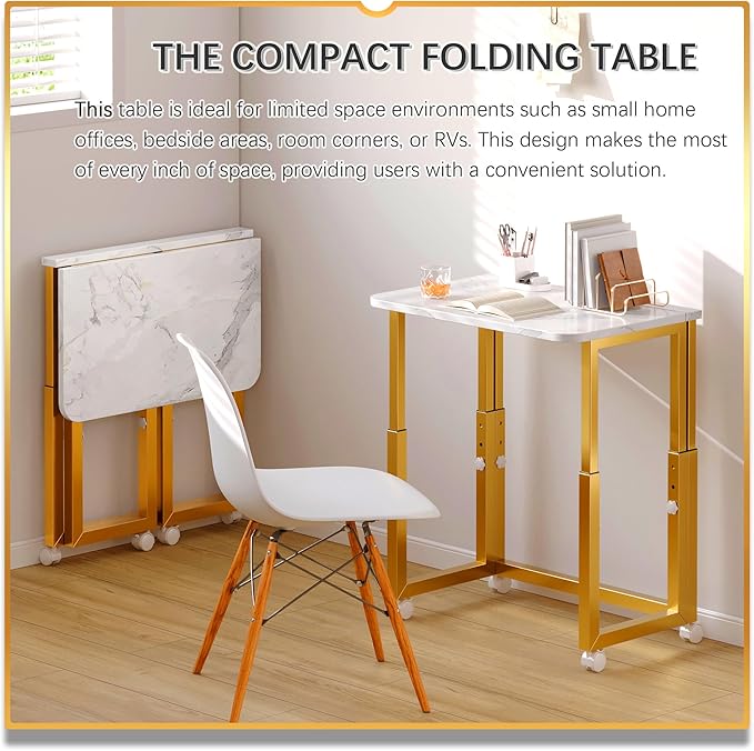 4NM No Tool Assembly 23.6" Small Desk, Folding Portable Desk with Wheels, Adjustable Height Foldable Computer Home Office Desks, Collapsible Study Writing Table for Space Saving Bedroom - White Gold
