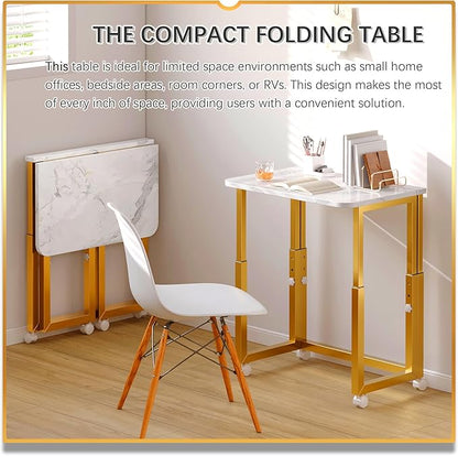4NM No Tool Assembly 23.6" Small Desk, Folding Portable Desk with Wheels, Adjustable Height Foldable Computer Home Office Desks, Collapsible Study Writing Table for Space Saving Bedroom - White Gold