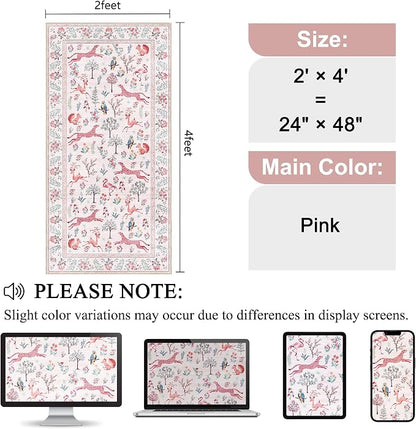 DUKINO 2x4 Rug for Hallway, Washable Kitchen Runner Rug with Non Slip Backing, Soft Low Pile Vintage Animal Runner for Bedroom, Kitchen, Hallway, Entryway, Laundry, Pink