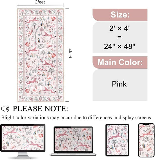 DUKINO 2x4 Rug for Hallway, Washable Kitchen Runner Rug with Non Slip Backing, Soft Low Pile Vintage Animal Runner for Bedroom, Kitchen, Hallway, Entryway, Laundry, Pink