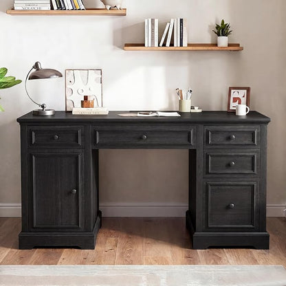 Vipbear 60" Farmhouse Executive Desk with Drawers and Cabinet, Embossed Texture Wood Home Office Desk, Rustic Computer Writing Desk, Workspace for Work Study Writing, Black