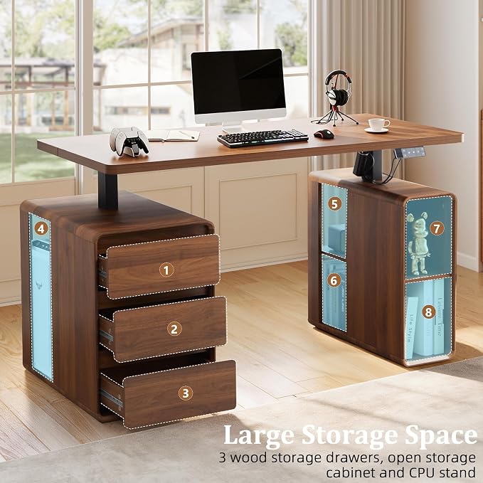 Electric Standing Desk with Drawers, 55" Office Desk Height Adjustable Executive Desk with Storage Shelves, Simple Setup Wood Desk Home Office Stand up Desk for Work, Study, Writing, Walnut