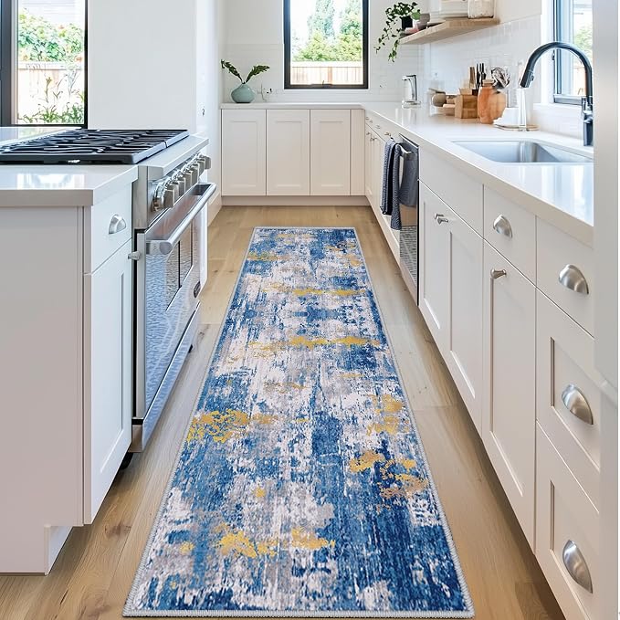 RELEANY Washable Area Rugs 2'x6' Non-Slip Modern Abstract Soft for Living Room Entryway Bedroom Kitchen, Print Pattern, Grey Blue Gold/Golden