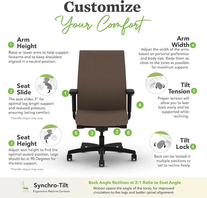 HON Ignition 2.0 Ergonomic Office Chair with Adjustable Arms, Advanced Synchro‑Tilt Recline, Upholstered Desk and Computer Chair for Home Office or Workstation, Black Frame, Bark