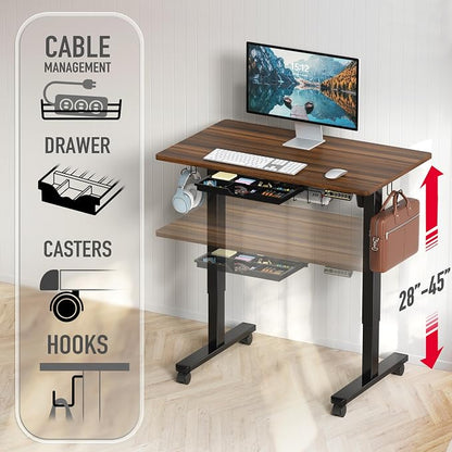 SHW 40-Inch Mobile Electric Height Adjustable Sit to Stand Desk with Drawer, Hanging Hooks and Cable Management, Walnut