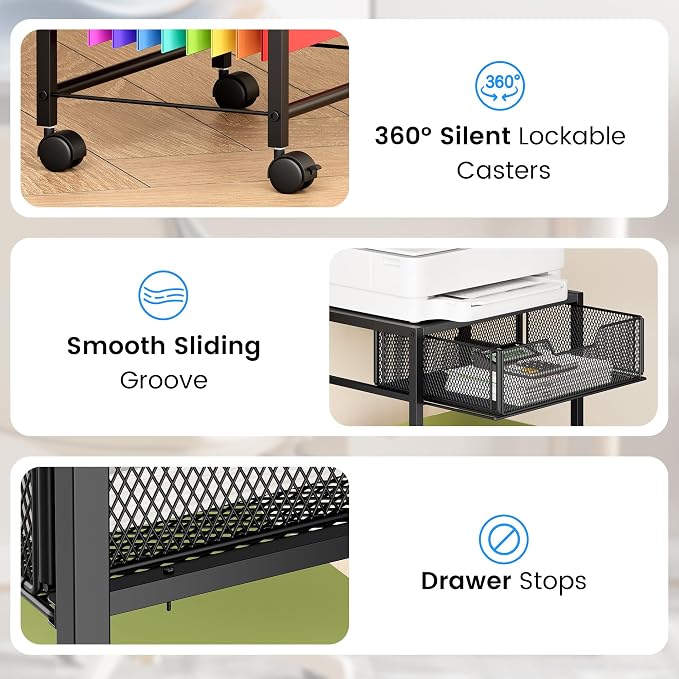 Cawukege 3 Tier Printer Stand, Mobile Table with Wheels, Printer Shelf Rolling Cart with Storage Desk Organizer Hanging File for Office Home, Black