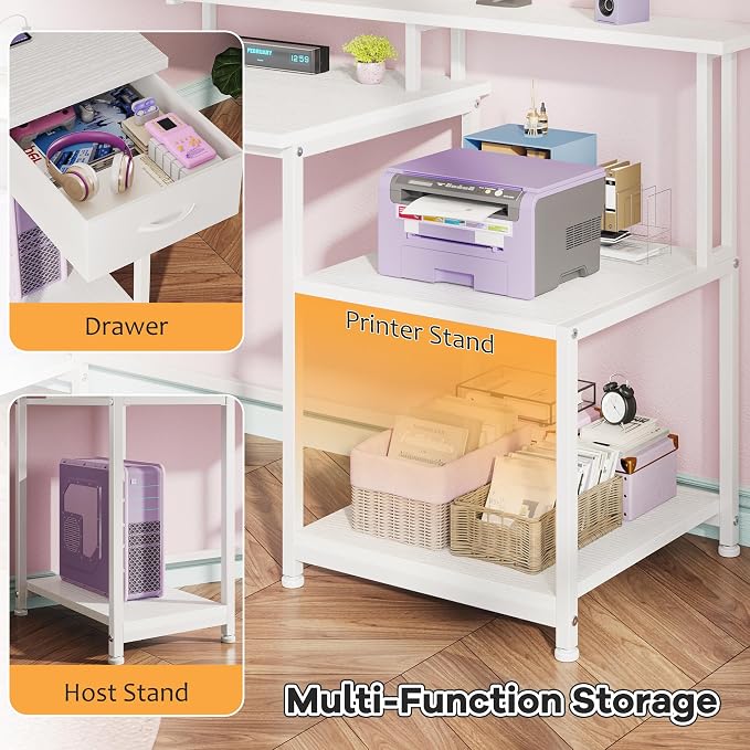 White Office Desk with 55" Long Monitor Stand and 18" Ample Printer Space, Computer Desk With RGB Lights and 3 AC Power Outlets, Zoned Storage Drawer and File Shelves, Study Desk, Writing Desk
