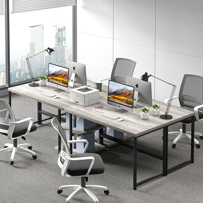FOLUBAN Computer Desk, Modern Home Office Desk with Shelves, Wood Writing Study Gaming Table for Living Room Bedroom, Light Grey, 53 inch