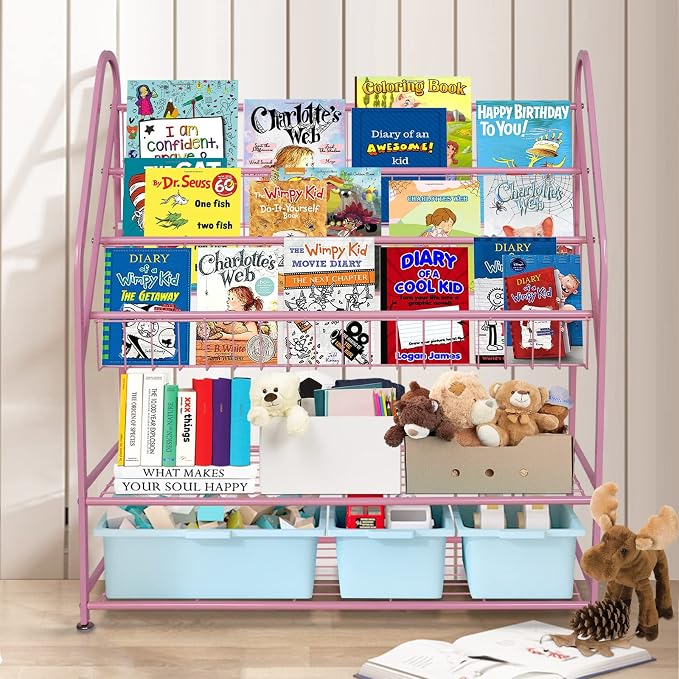aboxoo Metal Kids Bookshelf Pink Bookcase Freestanding for Children Girls Room 32 inches Large Toddler Pink Stable Bookcase Bookstore Library Book Unit Storage