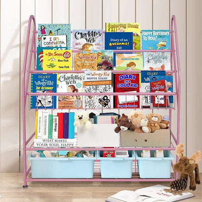 aboxoo Metal Kids Bookshelf Pink Bookcase Freestanding for Children Girls Room 32 inches Large Toddler Pink Stable Bookcase Bookstore Library Book Unit Storage