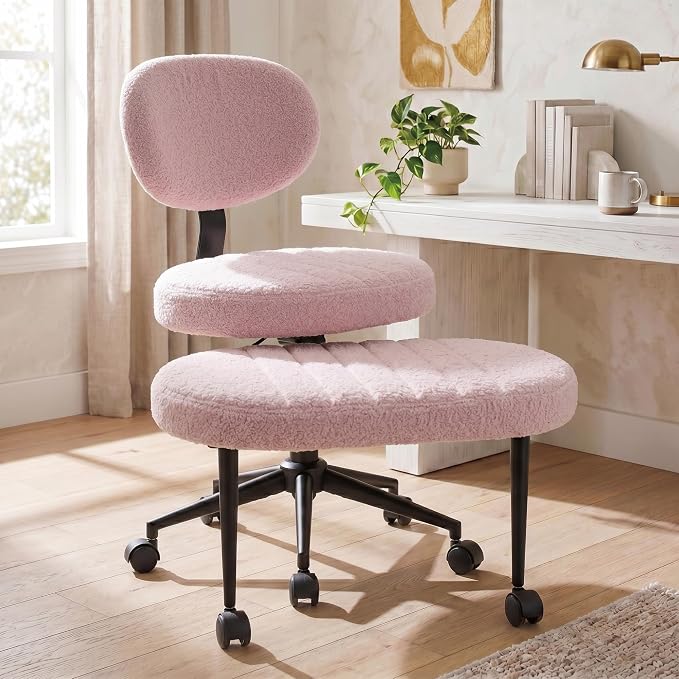 Cross Legged Office Chair with Wheels, 360 Swivel Height-Adjustable Meditation Chair with Lumbar Support, Pink