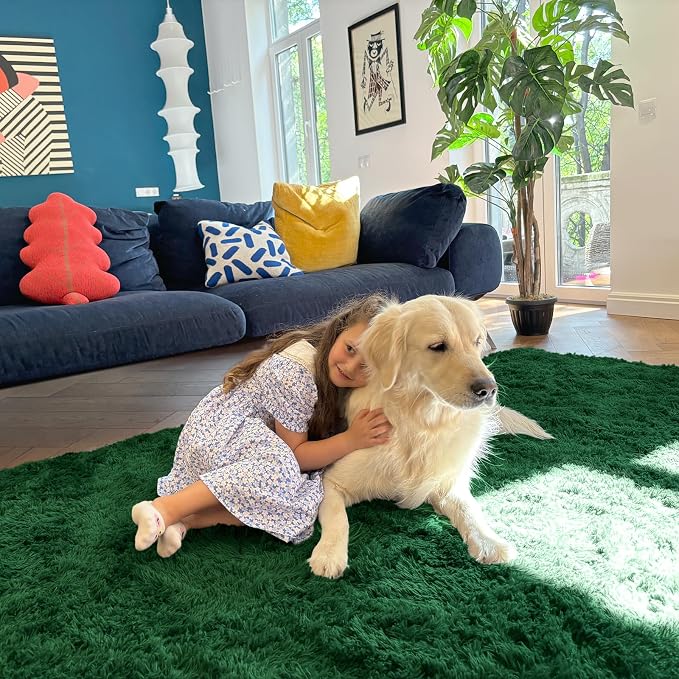 OLANLY 9x12 Machine Washable Large Area Rugs for Living Room, Bedroom, Soft Fluffy Shaggy Bedside Rug, Indoor Floor Carpet for Kids Girls and Boys, Dorms, Nursery, Home Decor Aesthetic, Dark Green