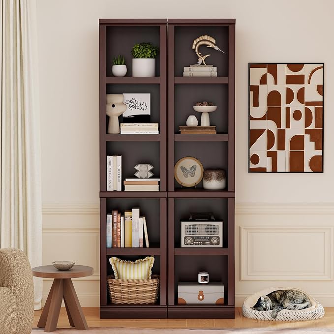 blini Wooden Bookshelf and Bookcase 5 Tier Narrow Bookshelves Set of 2, 72" Tall Bookshelf for Living Room, Home Office, Library (Mahogany, 5-Shelf Narrow)