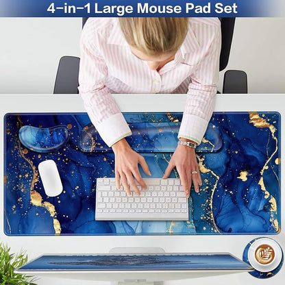 Desk Mat Blue, Large Gaming Mouse Pad with Wrist Rest, 4in1 XXL Mousepad+Keyboard Wrist Rest+Mouse Pad Wrist Support+Cup Coaster Set Ergonomic Computer Desk Arm Wrist for Decor Home Office Women