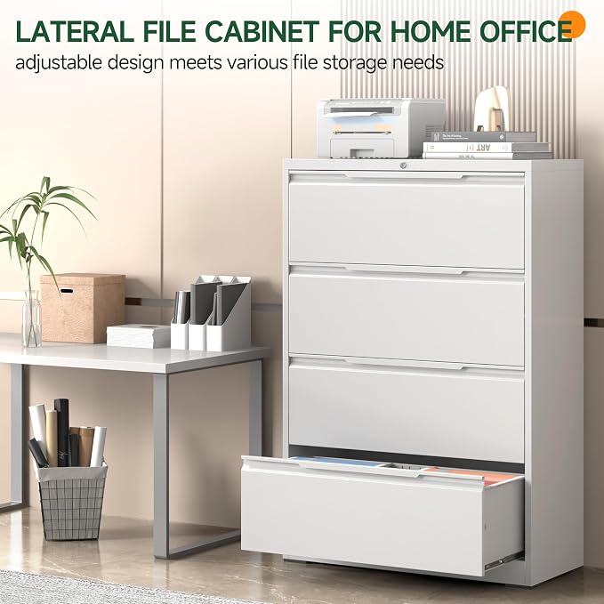 Lateral File Cabinet 4 Drawer, Metal File Cabinet with Lock | Filing Cabinets for Home Office, Black Locking Deep Drawer for Hanging Files Letter/Legal/A4/F4 Size, Assembly Required