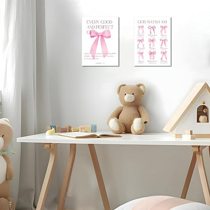 Coquette Pink Bow Wall Art Decor Canvas Posters Framed, Inspirational Bible Verses Bow Wall Decor,Room Bedroom Bathroom Decor Aesthetic for Teen Girls Gifts, 12x16 Inch Set of 3 Bow Pictures