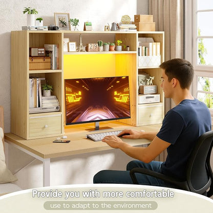 REIBII Desktop Bookshelf with LED Lights,47.2" Desktop Organizer with 6 Shelves and 2 Drawers for Top of Desk,Multipurpose Desk Hutch Dorm with Adjustable Shelves for Home and Office,Natural