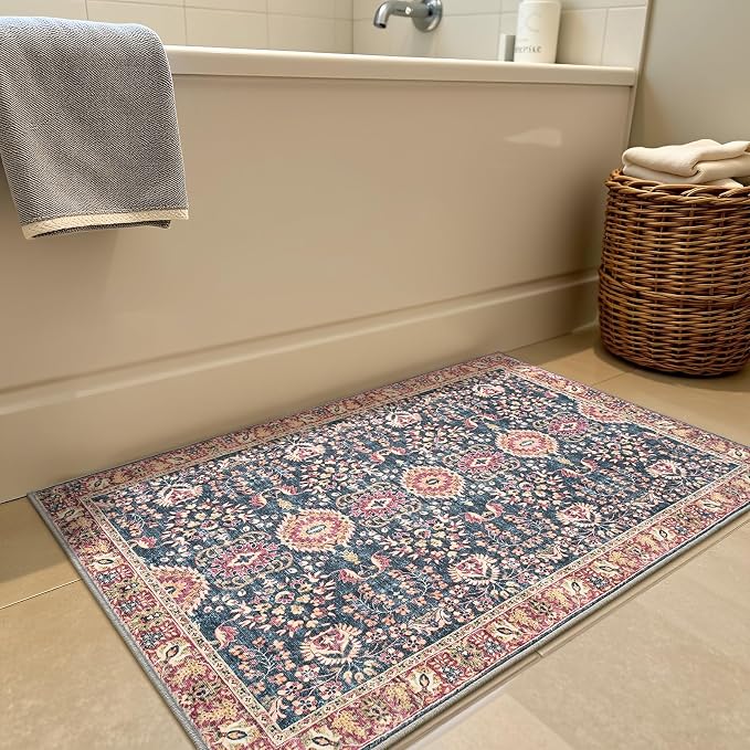 Goideal Washable Rug 2x3, Vintage Area Rugs Non Slip, Indoor Low Pile Carpet with Rubber Backing for Kitchen Bathroom Entryway Office Bedroom,Deep Navy & Terracotta