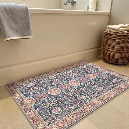 Goideal Washable Rug 2x3, Vintage Area Rugs Non Slip, Indoor Low Pile Carpet with Rubber Backing for Kitchen Bathroom Entryway Office Bedroom,Deep Navy & Terracotta